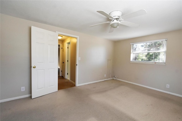 unfurnished bedroom with light carpet and ceiling fan