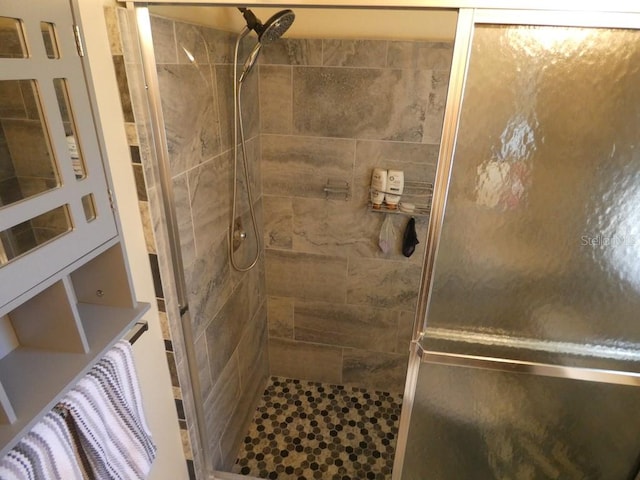 bathroom with a shower with shower door