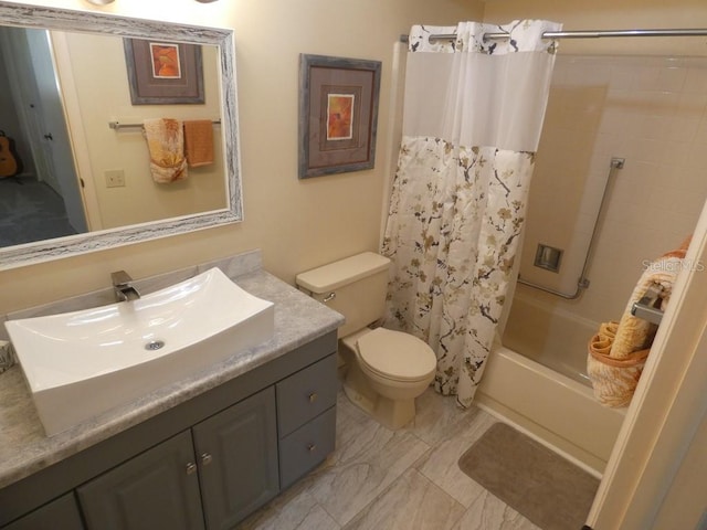 full bathroom with vanity, toilet, and shower / bathtub combination with curtain