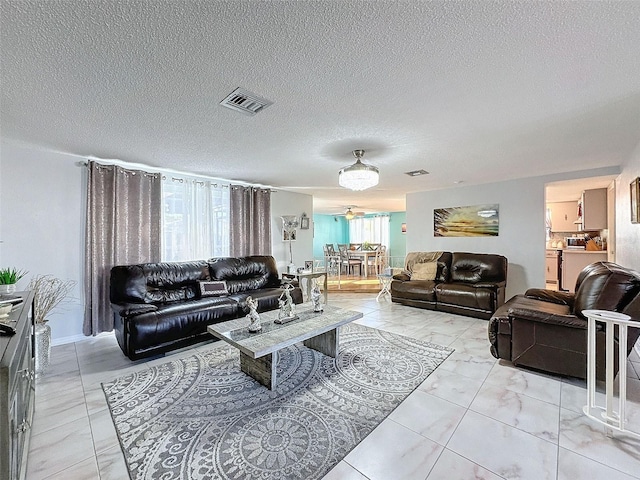 living room featuring a textured ceiling