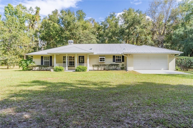 single story home with a garage, a front yard, and a porch