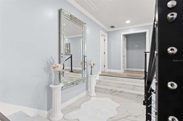 14485 Switch Back Rd, Brooksville, FL 34609 - hallway featuring ornamental molding, marble tiled floors, baseboards, and recessed lighting