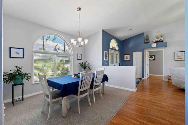8231 Coral Creek Loop, Hudson, FL 34667 - dining area featuring a chandelier, wood finished floors, baseboards, vaulted ceiling, and a textured ceiling