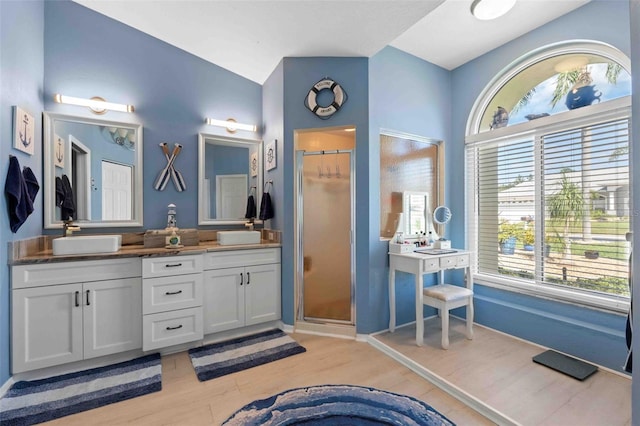 8231 Coral Creek Loop, Hudson, FL 34667 - bathroom with wood finished floors, a stall shower, double vanity, and baseboards