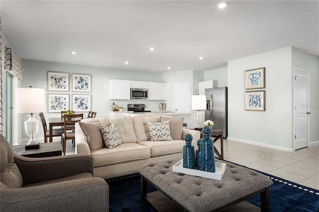 living room with light tile patterned floors