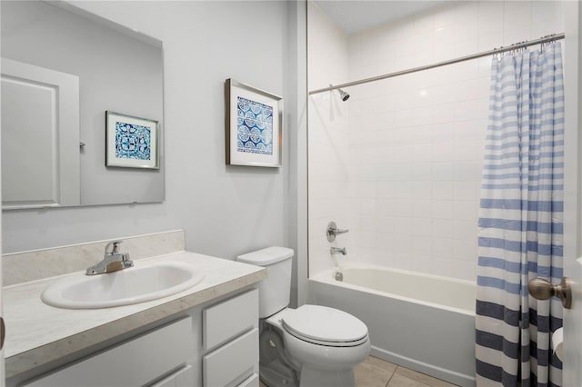 full bathroom featuring vanity, tile patterned floors, toilet, and shower / tub combo