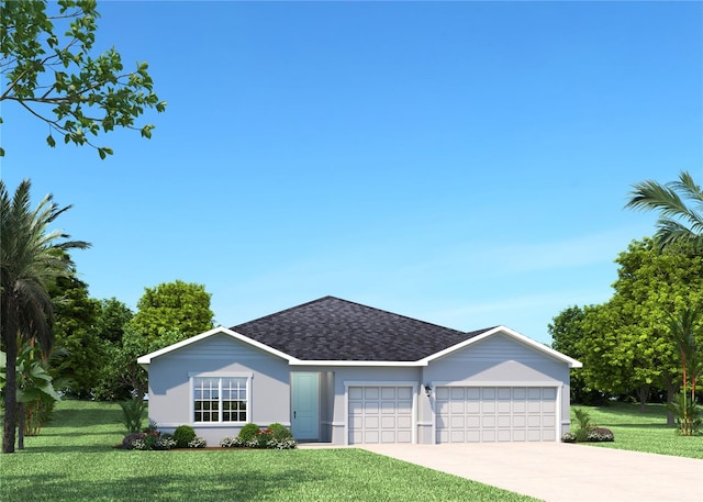 ranch-style house with a garage and a front lawn