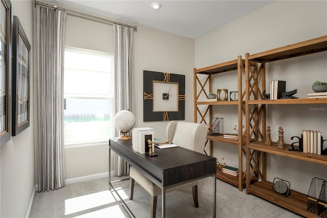 office area featuring light colored carpet and a textured ceiling