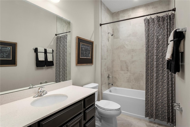 full bathroom with tile patterned flooring, vanity, toilet, and shower / bathtub combination with curtain