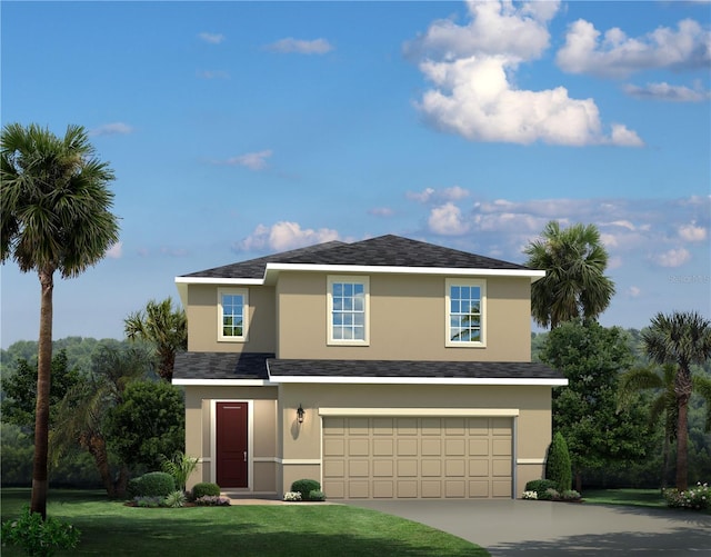 view of property with a garage and a front yard