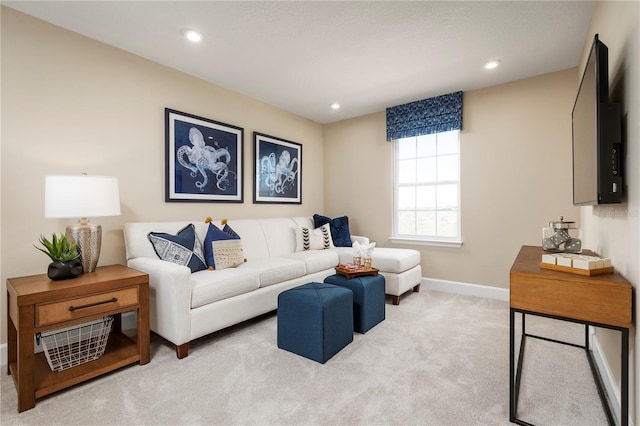 living room featuring light colored carpet