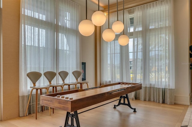 dining area with plenty of natural light and hardwood / wood-style flooring