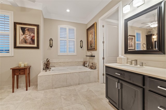 bathroom featuring crown molding, ceiling fan, vanity, tiled bath, and tile patterned floors