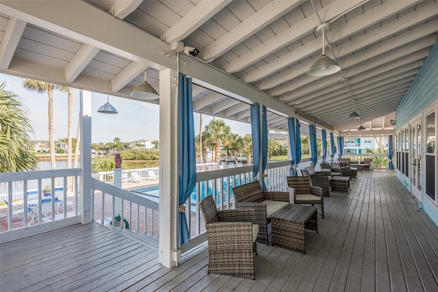 wooden deck featuring an outdoor living space