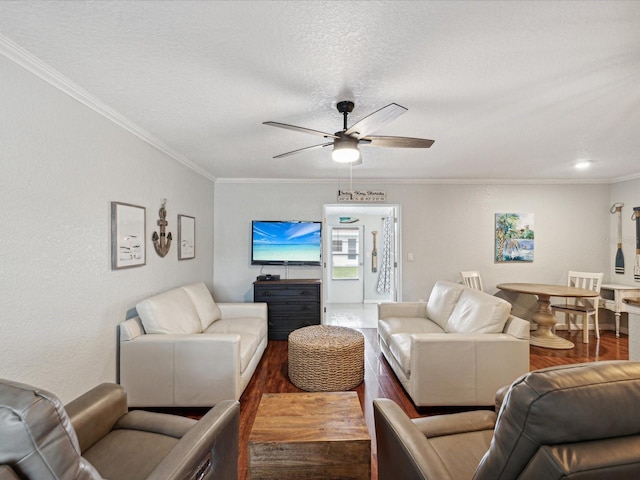 living room with ceiling fan, a textured ceiling, dark hardwood / wood-style floors, and crown molding