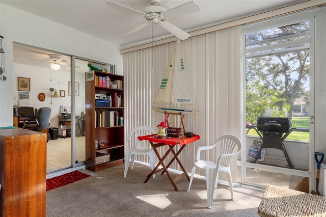 carpeted office space featuring ceiling fan