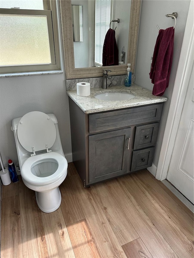 bathroom with hardwood / wood-style flooring, vanity, and toilet