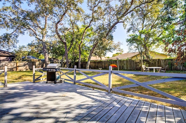 wooden terrace featuring a yard and grilling area