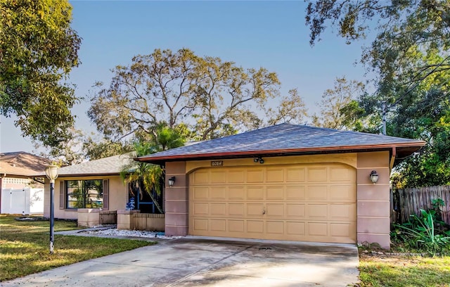 ranch-style home with a garage and a front yard