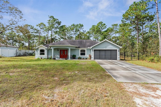 ranch-style home with a garage and a front lawn