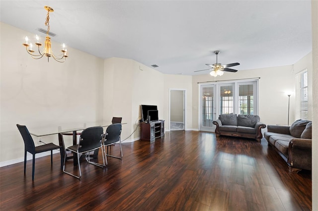 dining area with dark wood-style flooring, visible vents, and baseboards