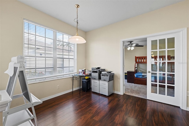 office area featuring dark wood-style floors, french doors, and baseboards