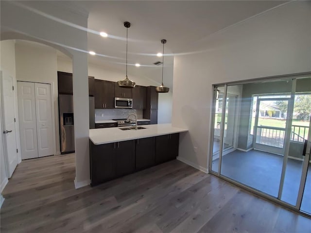 kitchen featuring hanging light fixtures, appliances with stainless steel finishes, light hardwood / wood-style flooring, and dark brown cabinets