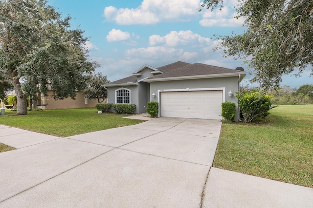 ranch-style home with a garage and a front lawn