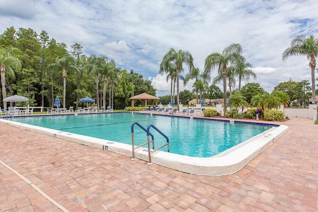 view of swimming pool featuring a patio area