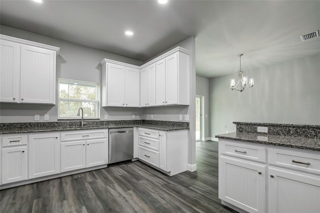 kitchen with dishwasher, white cabinets, dark wood-type flooring, and sink