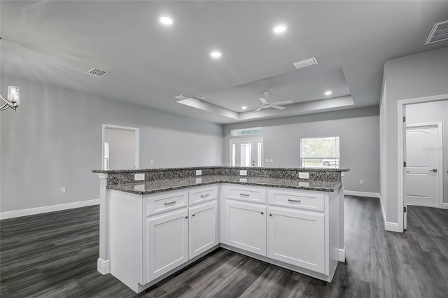 kitchen with white cabinetry, ceiling fan, dark hardwood / wood-style floors, dark stone countertops, and a tray ceiling