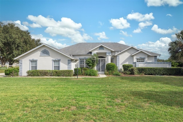 ranch-style home featuring a front lawn