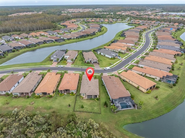 drone / aerial view featuring a water view