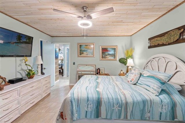 tiled bedroom with wooden ceiling, ceiling fan, and ornamental molding