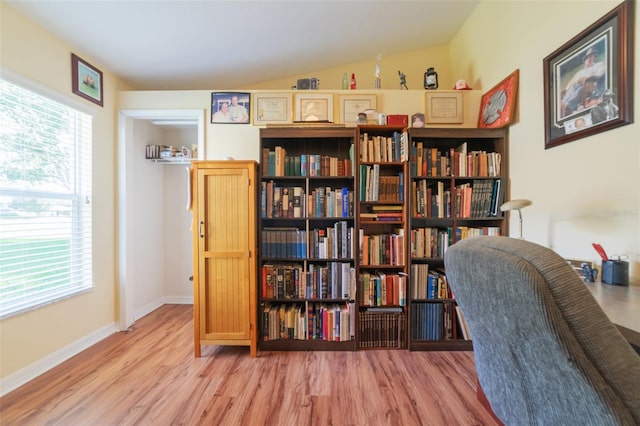 office featuring hardwood / wood-style floors, plenty of natural light, and lofted ceiling