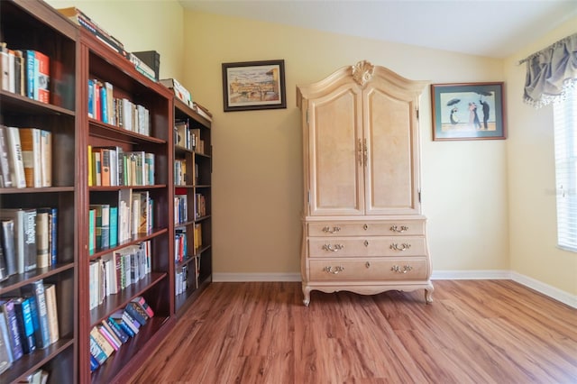 misc room with vaulted ceiling and wood-type flooring