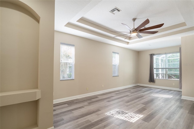 spare room with a raised ceiling, a healthy amount of sunlight, and light hardwood / wood-style floors