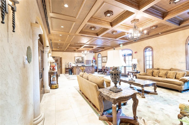 living room featuring coffered ceiling, crown molding, beam ceiling, and a chandelier