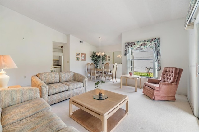 4222 Northampton Dr, New Port Richey, FL 34653 - living area with lofted ceiling, light carpet, and a chandelier