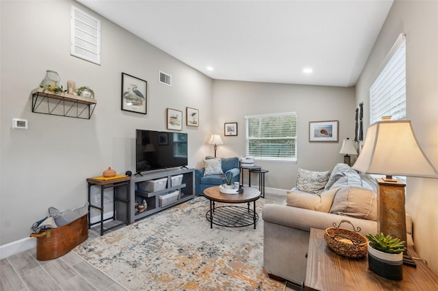 living room with lofted ceiling and wood-type flooring