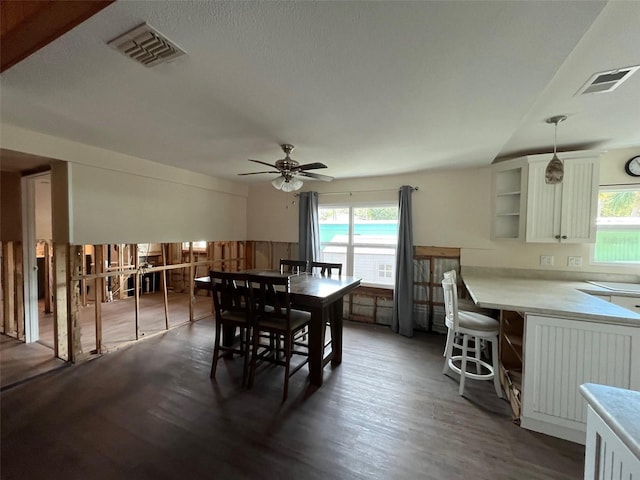 dining space featuring a ceiling fan and dark wood-type flooring
