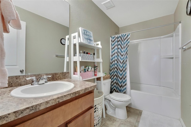 full bathroom with toilet, vanity, tile patterned floors, and shower / bathtub combination with curtain