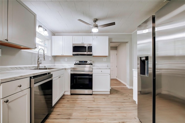 kitchen with white cabinetry, sink, light wood-type flooring, and appliances with stainless steel finishes