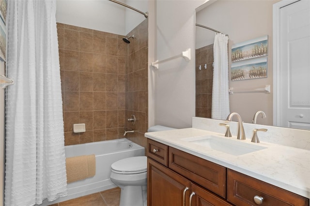 full bathroom featuring tile patterned floors, vanity, shower / bathtub combination with curtain, and toilet