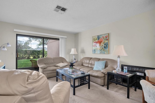 carpeted living room with a textured ceiling