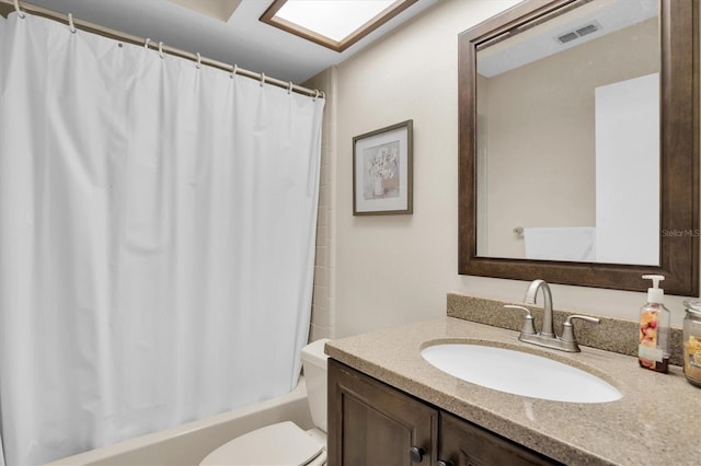 full bathroom with vanity, toilet, and shower / bathtub combination with curtain