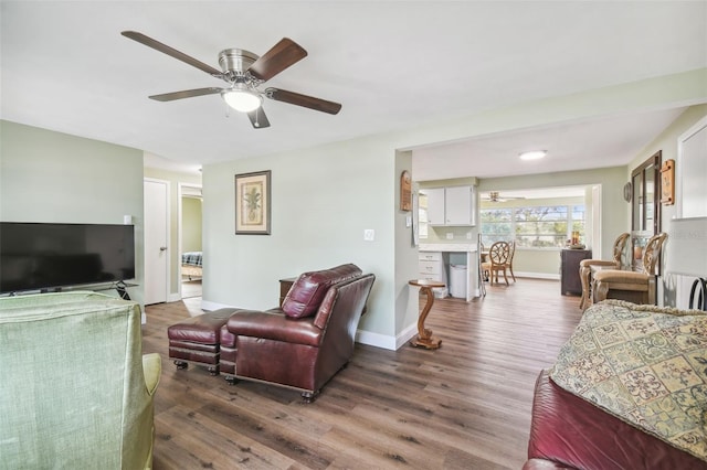 living room with wood-type flooring and ceiling fan