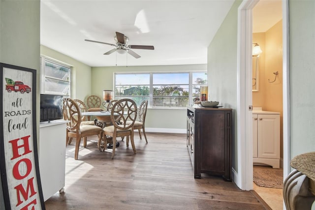 dining space featuring light hardwood / wood-style floors and ceiling fan