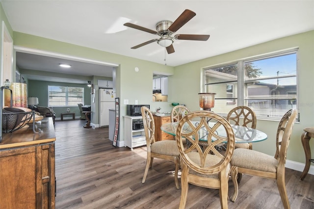 dining space featuring dark hardwood / wood-style flooring and ceiling fan