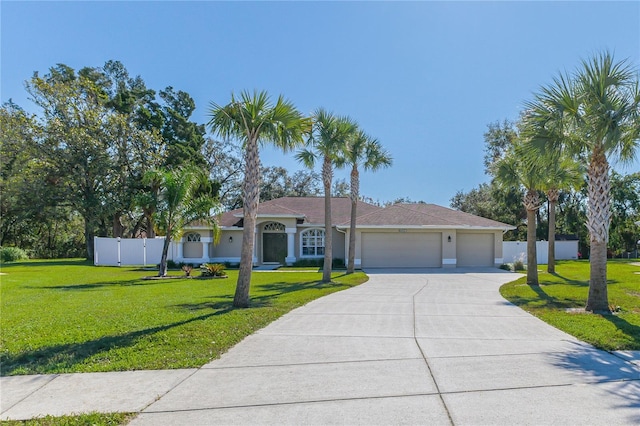 single story home featuring a front yard and a garage